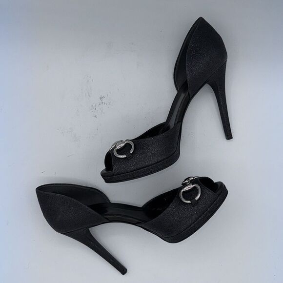 GUCCI Black Glitter Stardust Nappa Charlotte Nero Open Toe Pumps Size 38/ US 8 - Picture 6 of 12
